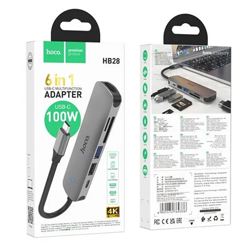 Hoco Type-C 6 in 1 Multifunction Converter (HDMI+USB3.0+USB2.0+SD+TF+PD) 100W HB28 - Metal Gray
