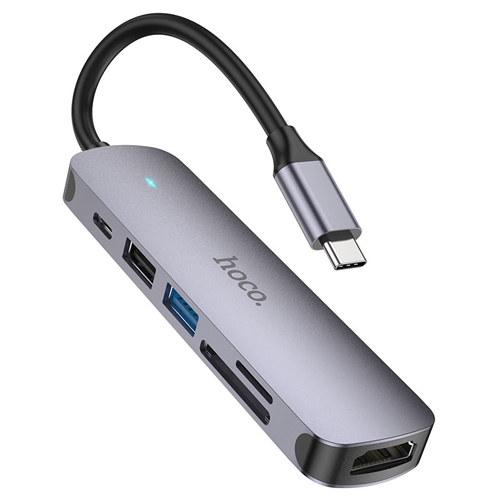 Hoco Type-C 6 in 1 Multifunction Converter (HDMI+USB3.0+USB2.0+SD+TF+PD) 100W HB28 - Metal Gray