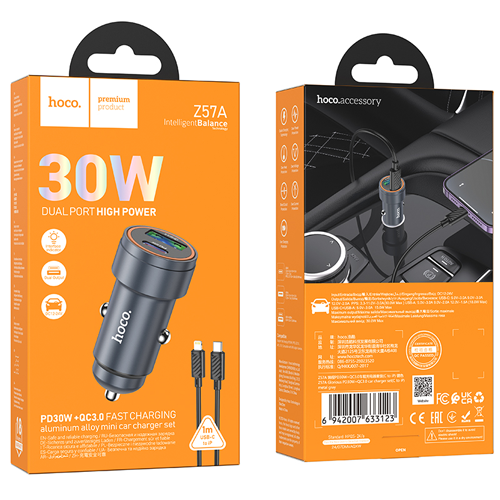 Hoco PD30W + QC3.0 Dual Output Car Charger Set with USB-C to Lightning Cable Z57A - Metal Gray