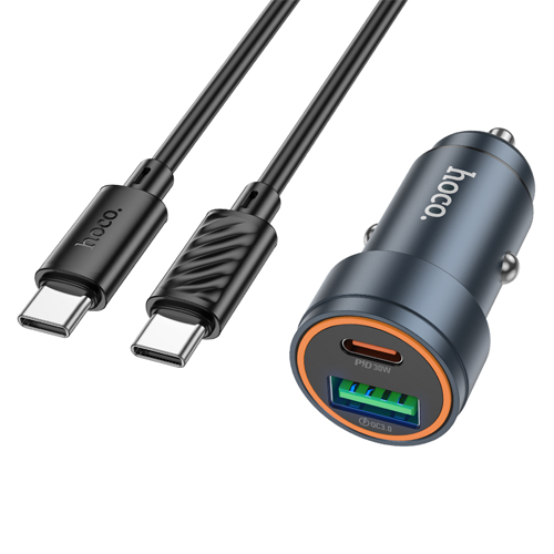 Hoco PD30W + QC3.0 Dual Output Car Charger Set with USB-C to USB-C Cable Z57A - Metal Gray