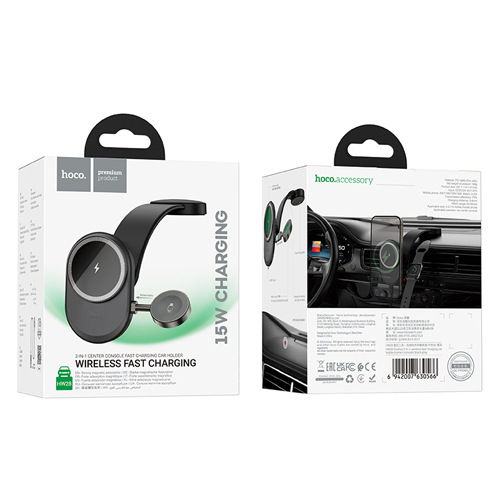 Hoco 2 in 1 Magnetic Phone & Watch Car Holder with Wireless Fast Charging HW28 - Black