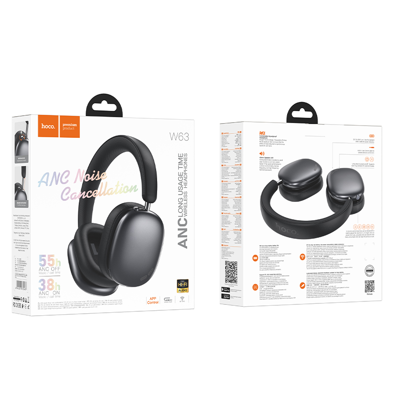 Hoco Wireless Bluetooth Headphones with ANC W63 - Black