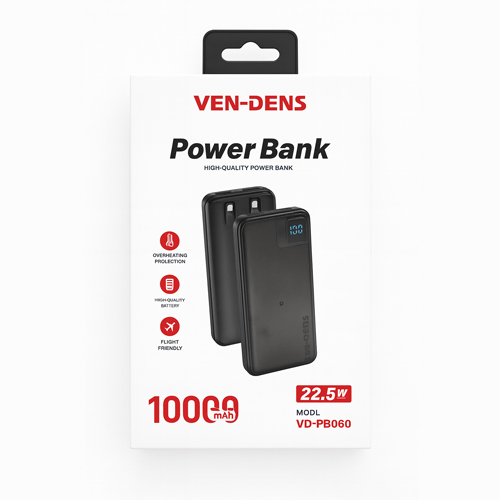 VEN-DENS Power Bank 10000mAh with Built-in Cables Fast Charge 22.5W VD-PB060 - Black