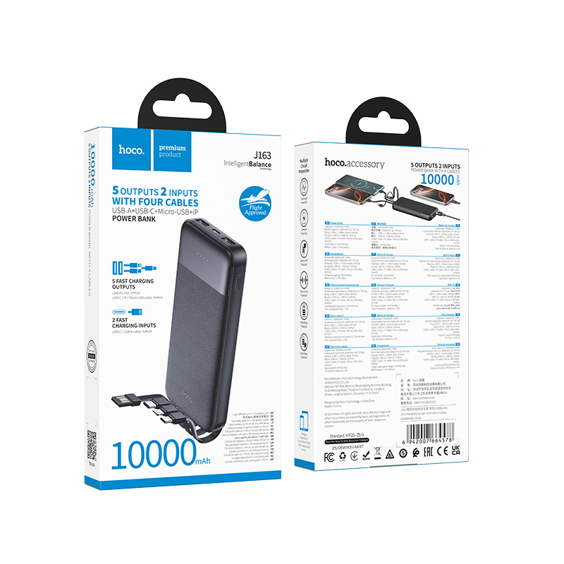 Hoco Power Bank 10000mAh with 4 Built-in Cables J163 - Black