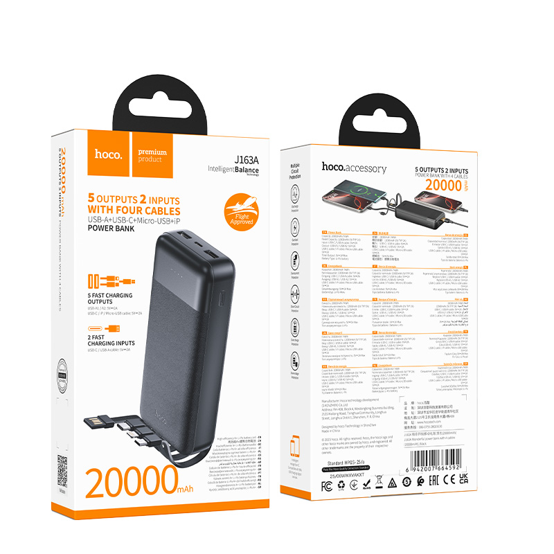 Hoco Power Bank 20000mAh with 4 Built-in Cables J163A - Black