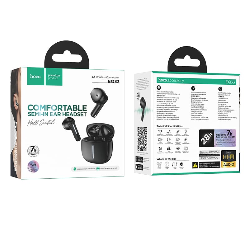 Hoco Comfortable Semi-in Ear Headset with Charging Case EQ33 - Black