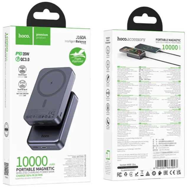 Hoco PD20W Power Bank 10000mAh with Magnetic Wireless Fast Charging J160A - Metal Gray